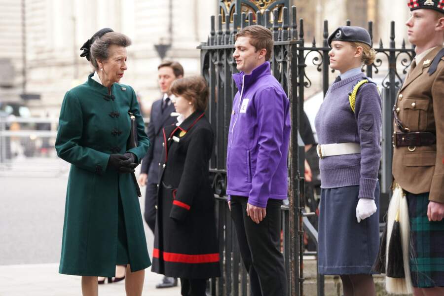 La princesse Anne arrive à la cérémonie en hommage au Prince Philip, à l'abbaye de Westminster, à Londres, le mardi 29 mars 2022.