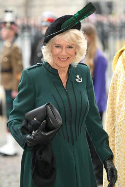 Camilla Parker Bowles arrive à la cérémonie en hommage au Prince Philip, à l'abbaye de Westminster, à Londres, le mardi 29 mars 2022.