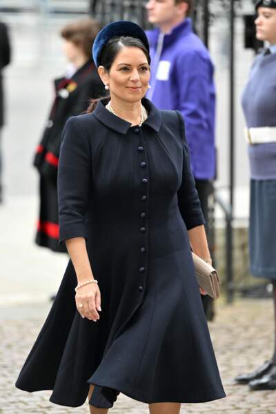 Priti Patel arrive à la cérémonie en hommage au Prince Philip, à l'abbaye de Westminster, à Londres, le mardi 29 mars 2022.