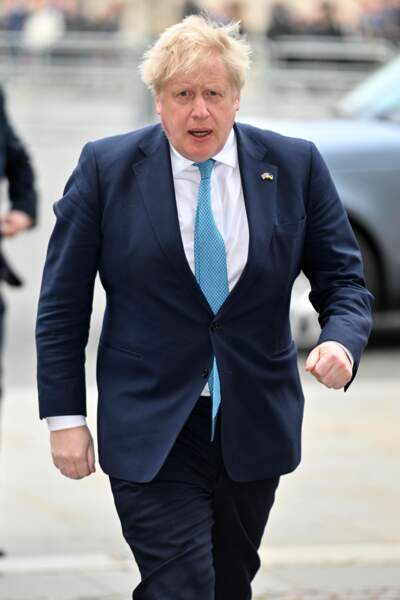 Le premier ministre Boris Johnson arrive à la cérémonie en hommage au Prince Philip, à l'abbaye de Westminster, à Londres, le mardi 29 mars 2022.