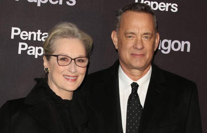 Meryl Streep et Tom Hanks lors de l'avant-première du film "Pentagon Papers" sur les Champs-Elysées à Paris le 13 Janvier 2018.