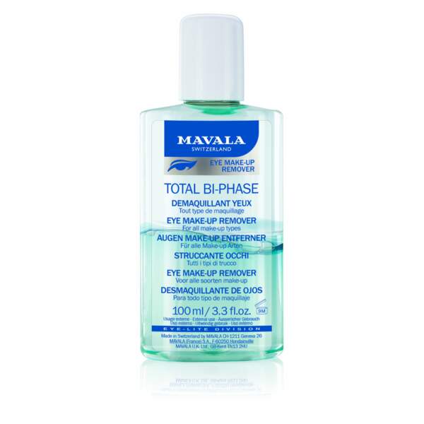 Total bi-phase démaquillant yeux, Mavala, 8,90€ les 100ml disponible en pharmacies, parfumeries, grands magasins et au MAVALA Store à Paris