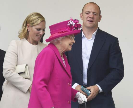 Zara Phillips, Mike Tindall et la reine Elizabeth II, au Patron's Lunch, à Londres, le 12 juin 2016.