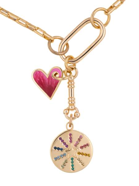 Collier ras de cou charm coeur et médaille brillants multicolores, Luj Paris, 275€