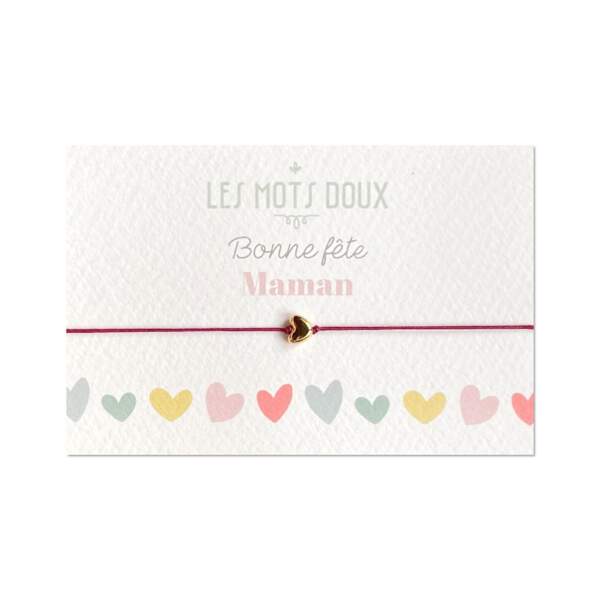Bracelet Petit cœur et pampille plaqués or “Bonne fête maman !” fait à la main en France, Les Mots Doux, 21€