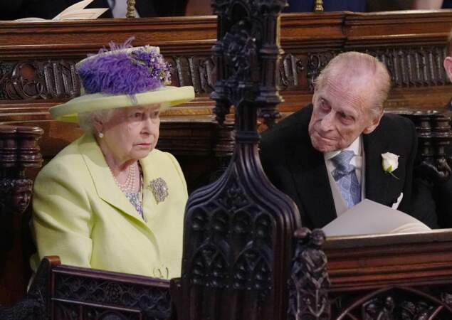 La reine Elizabeth II et le prince Philip, au mariage du prince Harry et de Meghan Markle, en la chapelle Saint-George, au château de Windsor, le 19 mai 2018.
