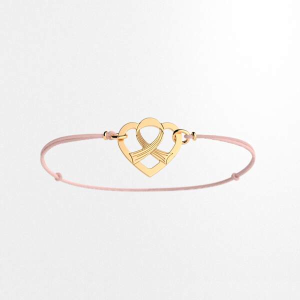 Bracelet cœur en laiton doré fabriqué en Ardèche symbole de solidarité de la lutte contre le cancer, GL Altesse en soutien à l'UBH, 10€ à retrouver dans 500 enseignes en France, bijoutiers multi-marques
