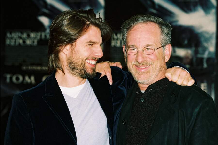 Le réalisateur Steven Spielberg et Tom Cruise lors de l'avant-première de Minority Report, à Paris, en septembre 2002