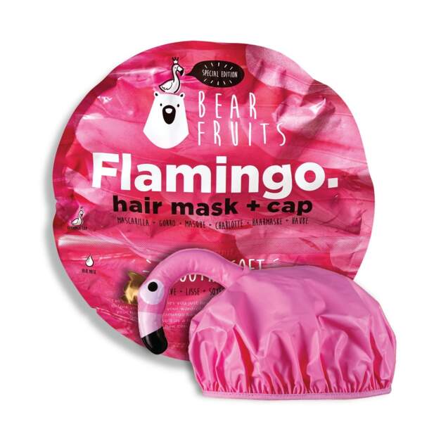 Masque capillaire lissage et douceur avec sa charlotte flamant rose, Bear Fruits, 7,50€ en vente chez Monoprix, Nocibé, Carrefour