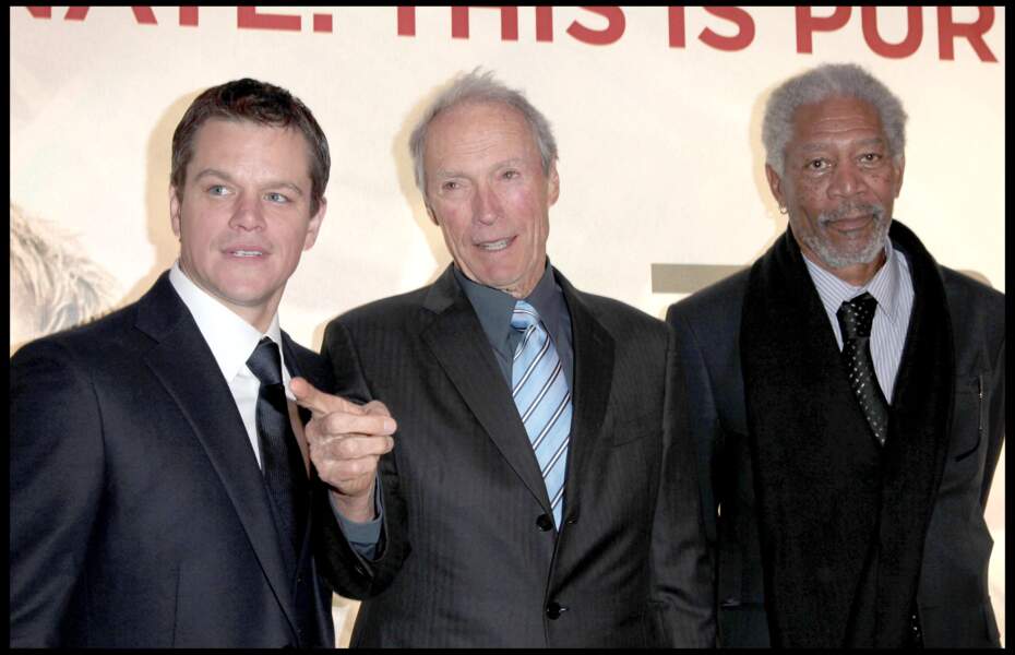 Matt Damon, Clint Eastwood and Morgan Freeman à la première du film "Invictus" en 2010, à Londres.