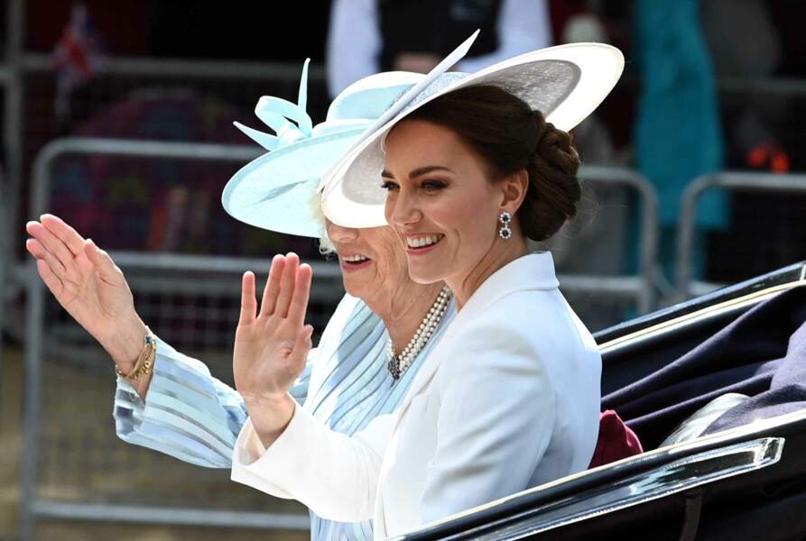 Kate Middleton et Camilla Parker Bowles lors de la parade militaire "Trooping the Colour" pour le jubilé de platine de la reine Elizabeth II à Londres, le 2 juin 2022