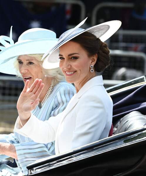 Kate Middleton et Camilla Parker Bowles arrivent pour la la parade militaire "Trooping the Colour" pour le jubilé de platine de la reine Elizabeth II à Londres, le 2 juin 2022