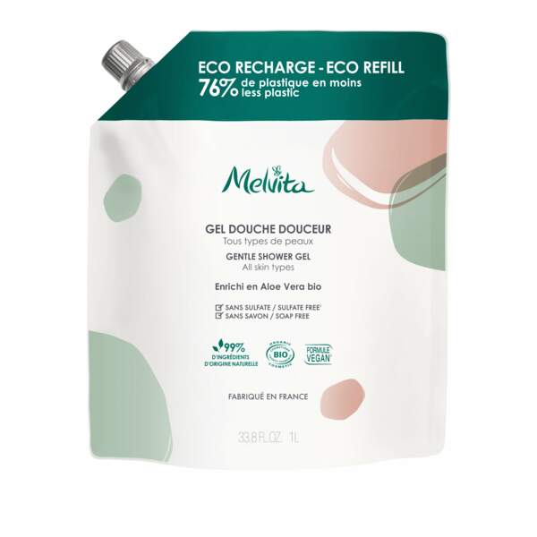 Éco-recharge gel douche, Melvita, 13,50€ le litre en boutiques Melvita,
les magasins bio, (para)pharmacies et sur melvita.fr
