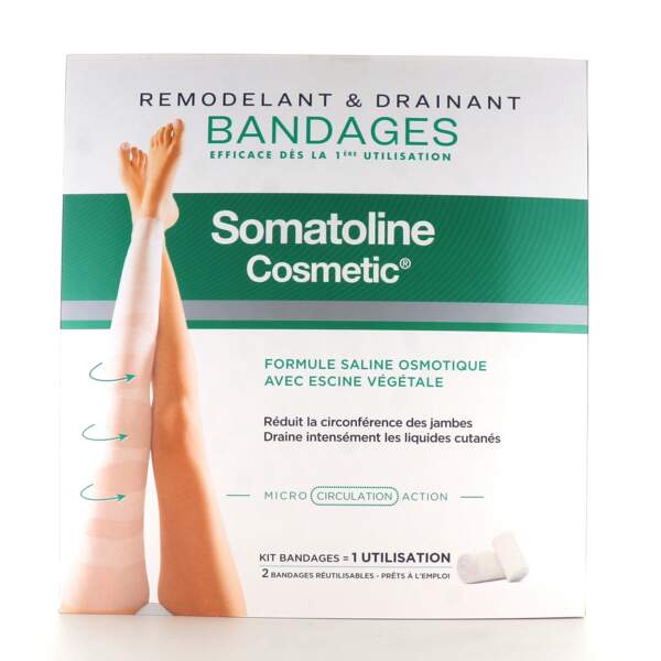Bandages remodelants et drainants, Somatoline, kit départ : 24,90€ ; Recharges 3 utilisations : 39,90€