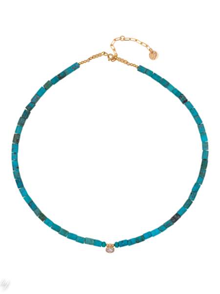 Collier Ras de cou, turquoise amérindienne et pendentif central avec brillants, Luj Paris, 215€