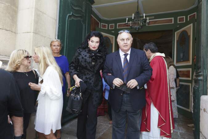 Massimo Gargia, Nicoletta, Soraya Kashoggi  présent à la messe hommage en mémoire d'Ivana Trump, décédée le 14 juillet, en l'église de Saint-Tropez le 9 août 2022.