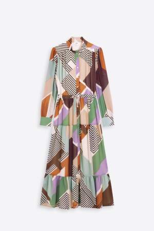 Robe longue boutonnée imprimé géométrique colorblock Cherin, Suncoo, 165€