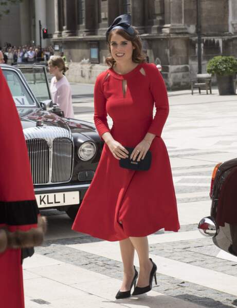 La princesse Eugenie d'York se rendant à une réception au Guildhall de Londres à la suite de la messe de l'anniversaire de la reine Elisabeth II le 10 juin 2016