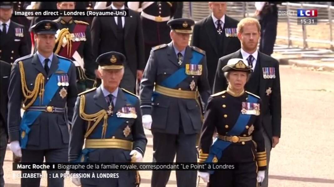 Le roi Charles III, la princesse Anne, le prince Andrew et le prince Edward réunis pour l'hommage à Elizabeth II, ce mercredi 14 septembre 2022.