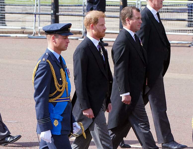 Le prince William, prince de Galles, le prince Harry, duc de Sussex - Procession cérémonielle du cercueil de la reine Elizabeth II du palais de Buckingham à Westminster Hall à Londres, le 14 septembre 2022.