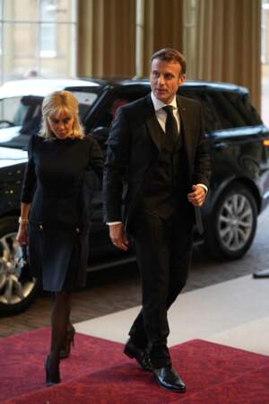Brigitte Macron et Emmanuel Macron arrivent à la réception à la veille des funérailles de la reine d'Angleterre à Westminster Hall, 18 septembre 2022. 