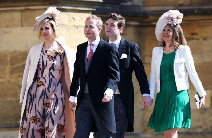 Lady Laura Marsham, ici en vert, et son mari James Meade, arrivant  à la chapelle St. George pour le mariage du prince Harry et de Meghan Markle au château de Windsor le 19 mai 2018.