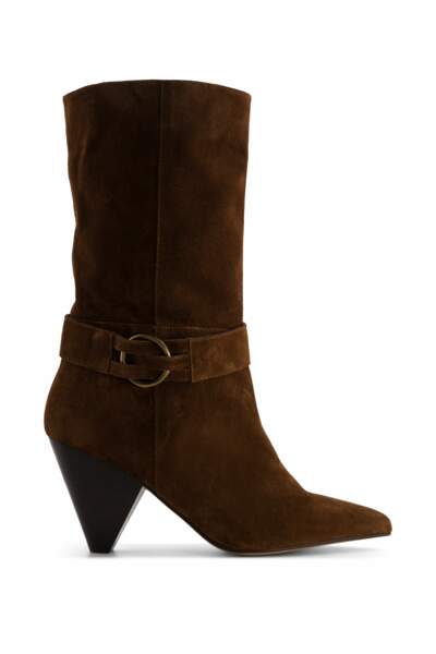 Boots à talons biseautés en cuir velours marron, Maison 123, 180€