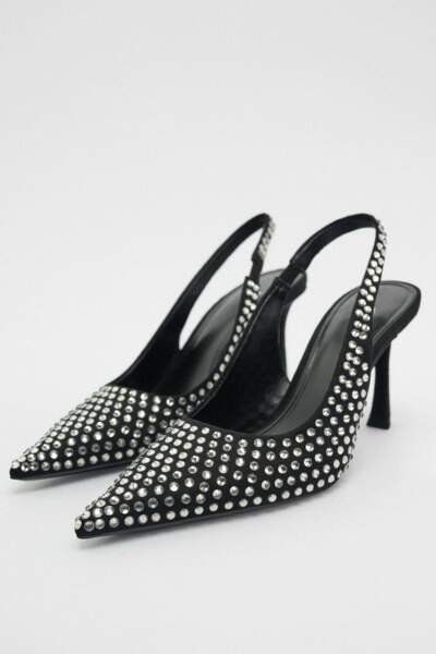 Chaussures à talons ouvertes à l'arrière avec cristaux, Zara, 69.95€