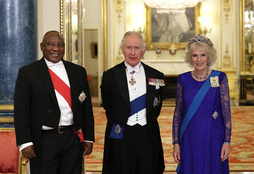 Cyril Ramaphosa, président de l'Afrique du Sud, le roi Charles III d'Angleterre Bowles, reine consort au banquet d'Etat.