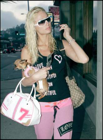 Paris Hilton arbore son accessoire préféré : son petit chien assorti à son look
