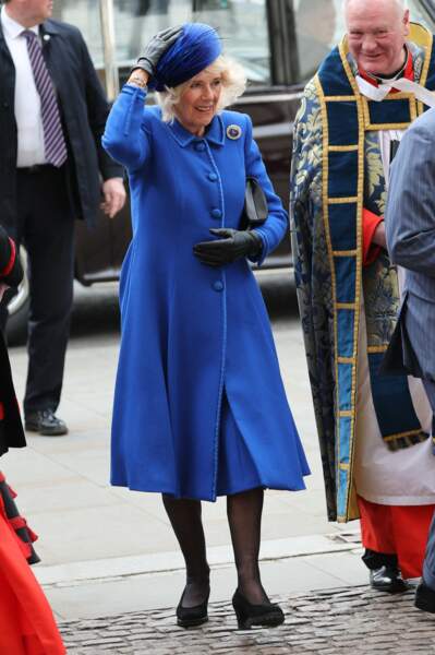 La reine consort Camilla Parker Bowles arrive aux célébrations du Commonwealth Day à l'Abbaye de Westminster à Londres, le lundi 13 mars 2023