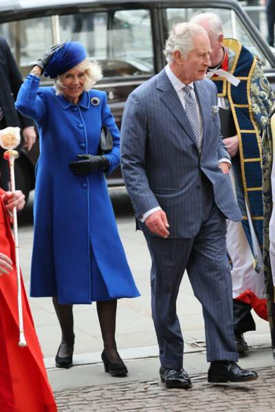 Le roi Charles III et son épouse Camilla Parker Bowles arrivent aux célébrations du Commonwealth Day à l'Abbaye de Westminster à Londres, le lundi 13 mars 2023