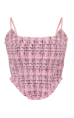 Top corset rose en maille tweed bouclée à bretelles, Pretty Little Thing, 16,80€