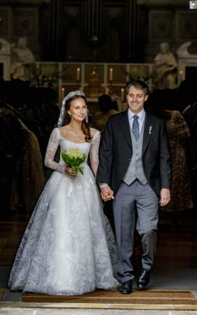 Mariage de Louis Prince de Bavière et de Sophie-Alexandra Evekink à l'église Saint Kajetan (Theatinerkirche) à Munich, Allemagne, le 20 mai 2023. Elle enfile une robe de la marque Reem Acra ainsi qu'un long voile de la marque ukrainienne Wona Concept 