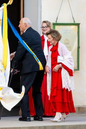 Le roi Harald et la reine Sonja de Norvège au théâtre du château de Drottningholm pour la représentation du Royal Opera Jubilee Theatre, le 14 septembre 2023