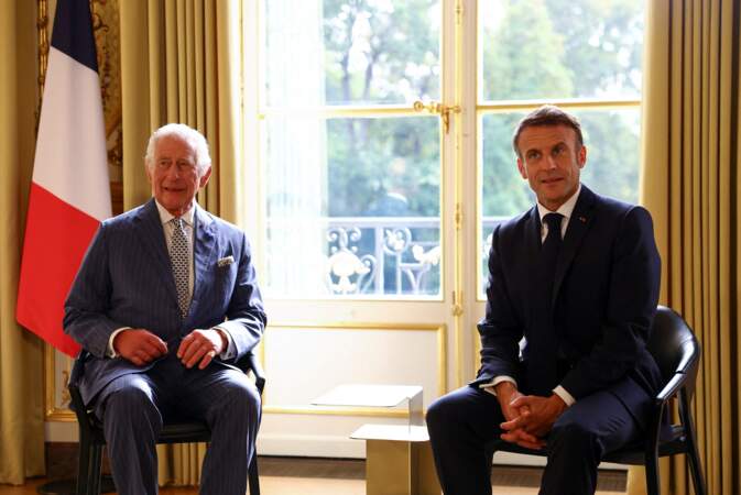 Le roi Charles III et le président de la République Emmanuel Macron s'entretiennent en tête-à-tête à l'Élysée, à Paris, ce mercredi 20 septembre 2023