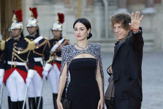 Mick Jagger et sa compagne Melanie Hamrick arrivent au dîner d'État organisé à Versailles en l'honneur du roi Charles III et Camilla, ce mercredi 20 septembre 2023