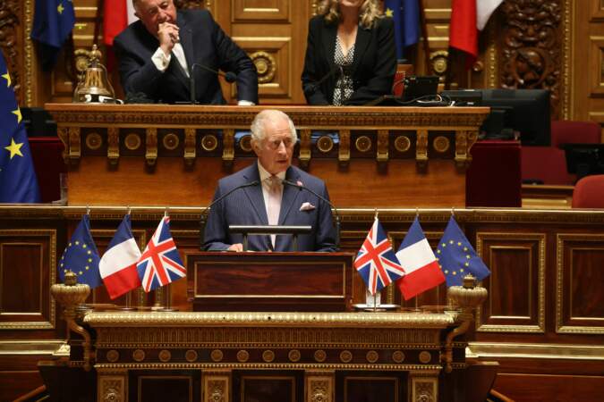 Le roi Charles III prononce une partie de son discours en Français, au Sénat, à Paris, ce jeudi 21 septembre 2023