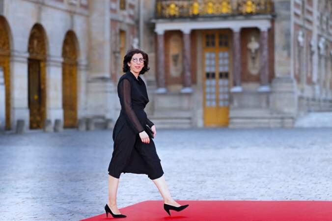 Rima Abdul-Malak, ministre de la Culture, arrive au dîner d'État organisé à Versailles en l'honneur du roi Charles III et Camilla, ce mercredi 20 septembre 2023 