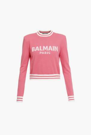 Pull court en laine et cachemire rose avec logo, 890€, Balmain