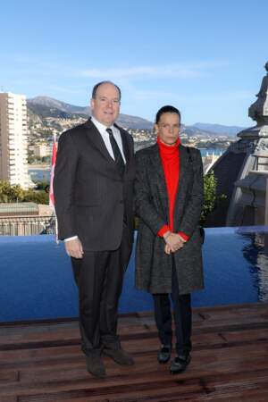 Albert II et Stéphanie de Monaco lors de l'inauguration de la suite Rainier III à l'Hôtel de Paris à Monaco le 29 janvier 2019.