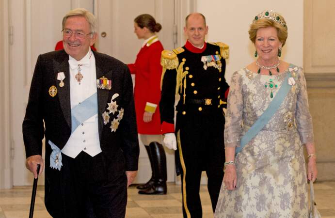 Le roi Constantin de Grèce et la reine Anne-Marie lors d'un dîner au Palais de Christiansborg, à Copenhague, le 15 avril 2015.  