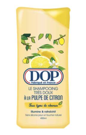 Shampooing très doux à la pulpe de citron, DOP, 400ml, 2,29 €, en grande distribution.