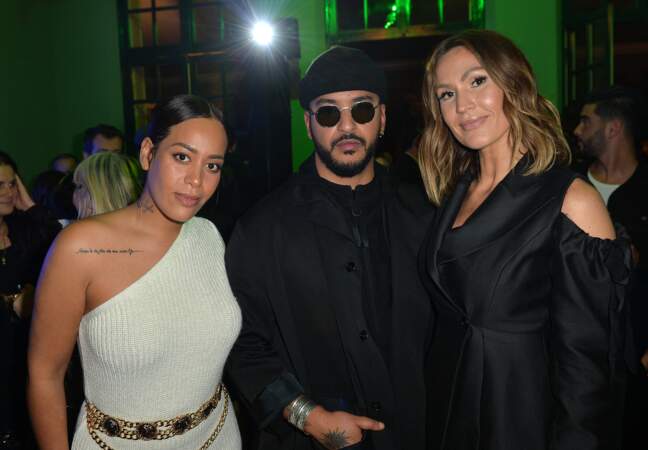 Amel Bent, Slimane et Vitaa lors de la soirée de lancement de la collection capsule "I'm not a rapper" de la marque Elevenparis, à Paris, le 11 avril 2019