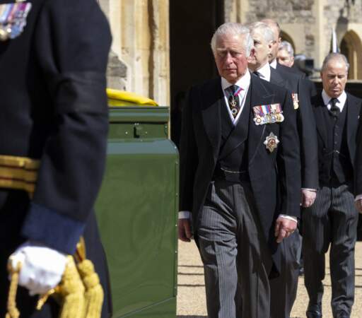 Le prince Charles arrive aux funérailles du prince Philip, le17 April 2021. 