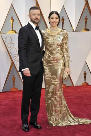 Justin Timberlake et sa femme Jessica Biel lors de la 89e cérémonie des Oscars. 