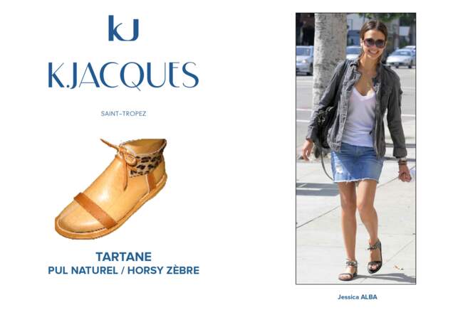 Jessica Alba porte le modèle Tartane de K.Jacques.