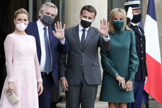Brigitte Macron, Fabiola Yanez, Emmanuel Macron et Alberto Fernández à l'Élysée (Paris) ce mercredi 12 mai
