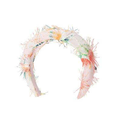 Serre-tête Miwa 3D en tissu, orné de fleurs en organza multicolores fabriquées à la main et d'un médaillon en métal Maison Michel sur le côté, Maison Michel, 350€, michel-paris.com/