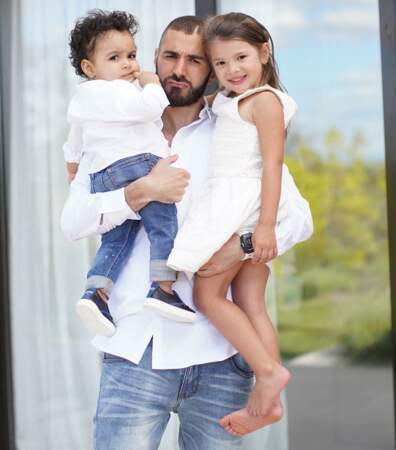 Karim Benzema et ses deux enfants, Mélia et Ibrahim, en juin 2018